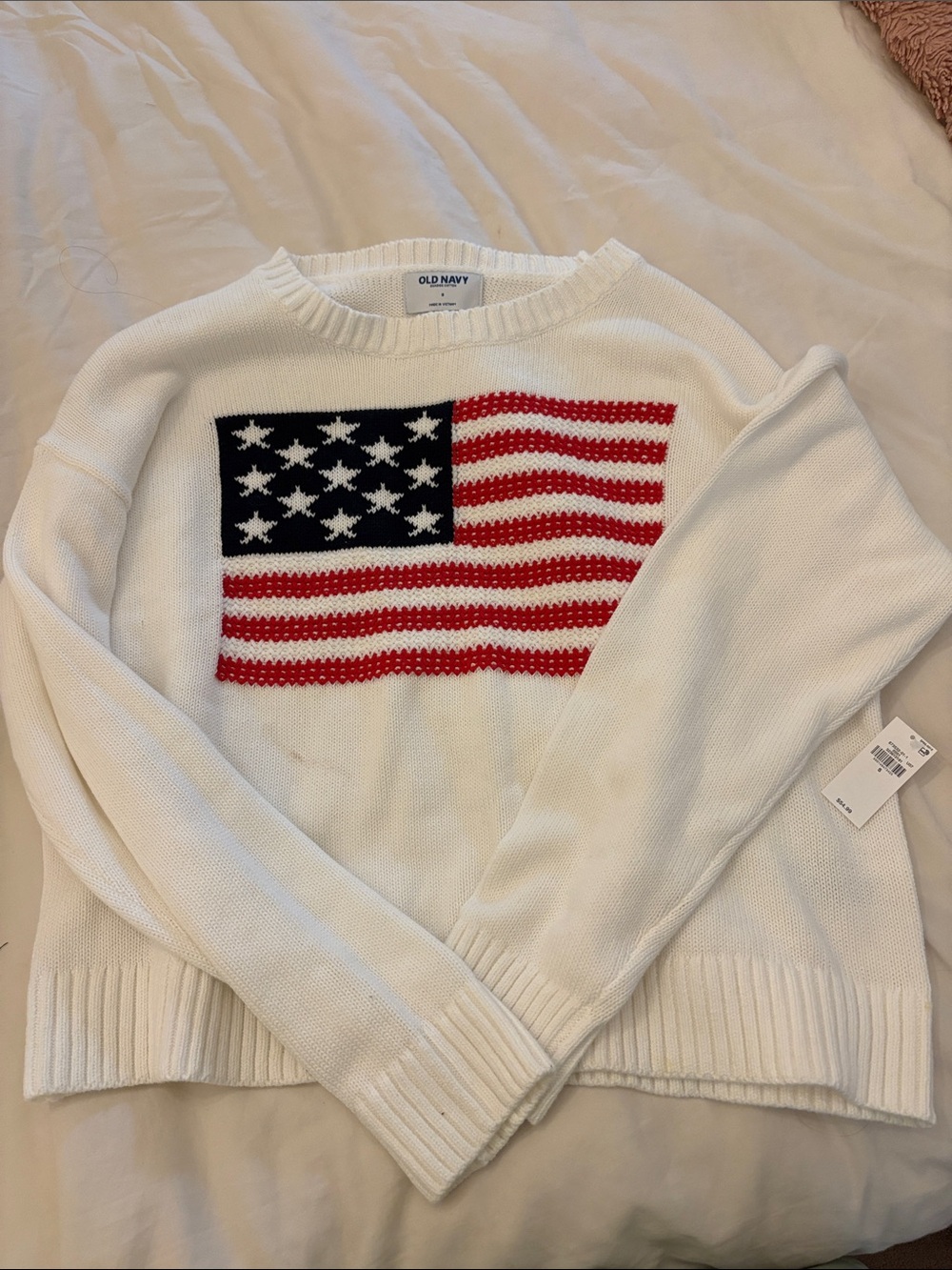 Old Navy White Crewneck Sweater with Red and Blue Flag Motif